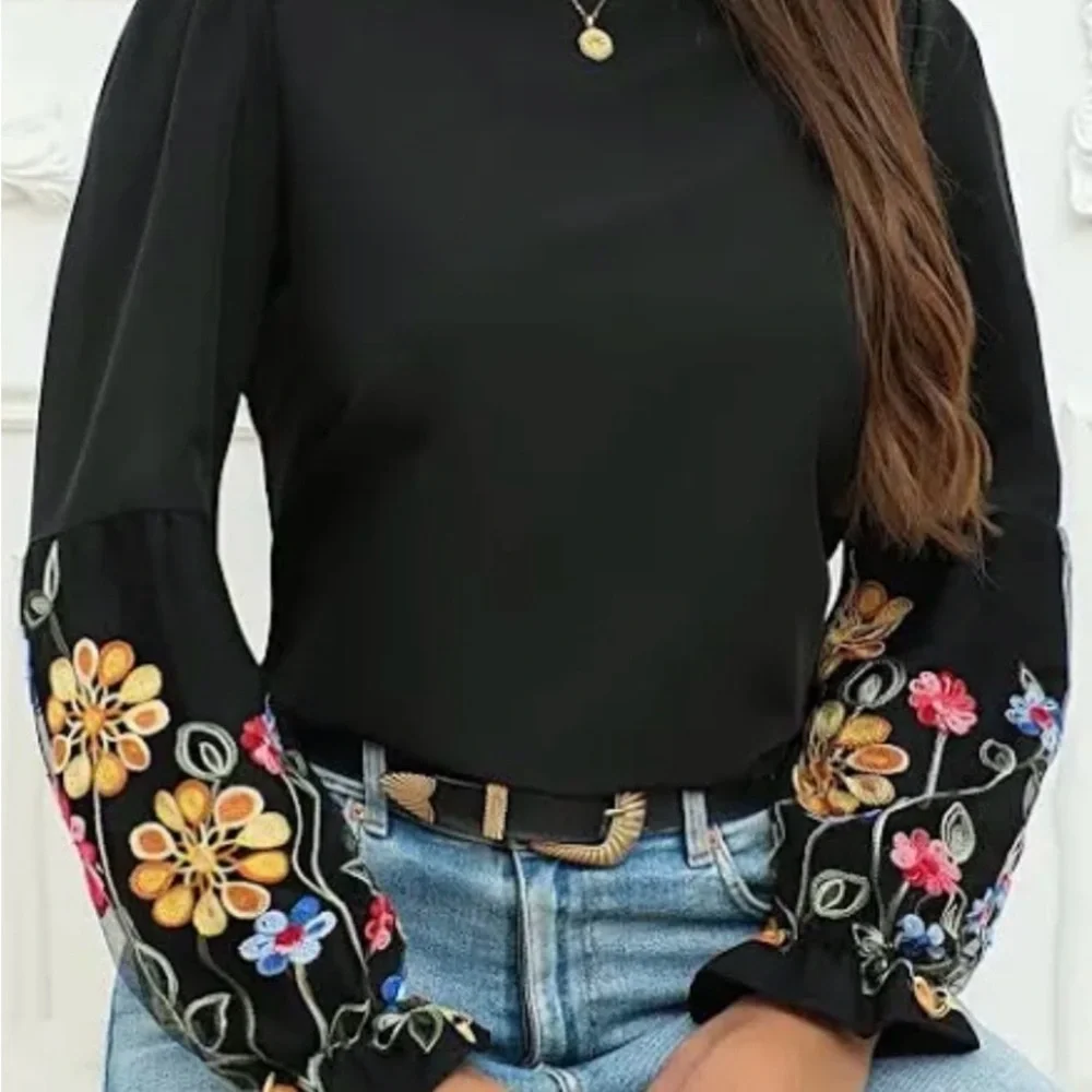 SHEIN Black Sheer Flowy Blouse with Colorful Lantern Embroidered Floral Sleeves - Picture 17 of 17